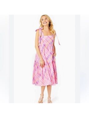Lilly Pulitzer Pink Madras Plaid Tie-Shoulder Anlee Midi Dress
